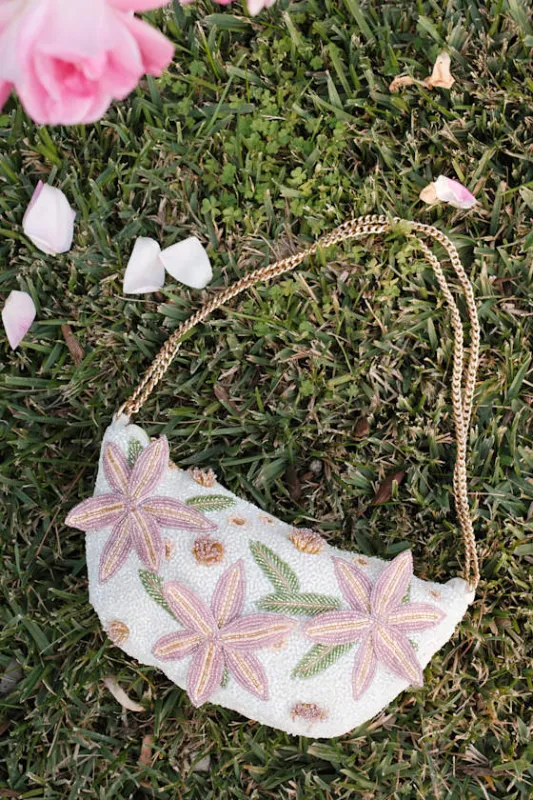 Eira White Multi Beaded Floral Shoulder Bag sold by Lulus
