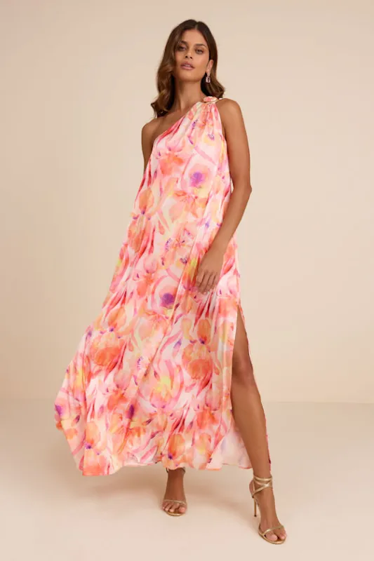 Goddess Aura Orange Multi Floral Satin One-Shoulder Maxi Dress made by Lulus