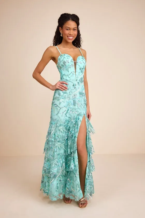 Angele Mint Blue Sequin Embroidered Tiered Maxi Dress sold by Lulus