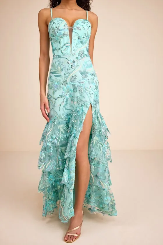 Angele Mint Blue Sequin Embroidered Tiered Maxi Dress sold by Lulus product image thumbnail 2