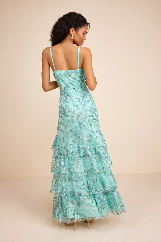 Angele Mint Blue Sequin Embroidered Tiered Maxi Dress sold by Lulus product image thumbnail 3