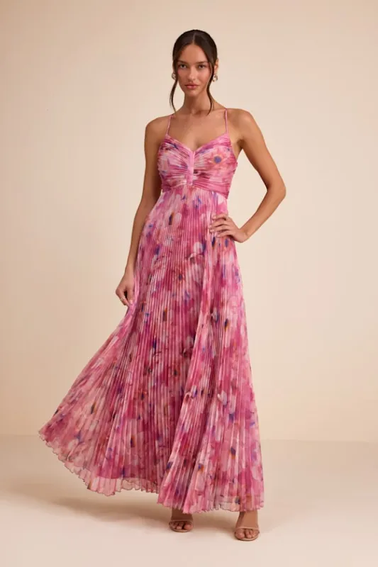 Whitley Pink Floral Pleated Sleeveless Maxi Dress sold by Lulus