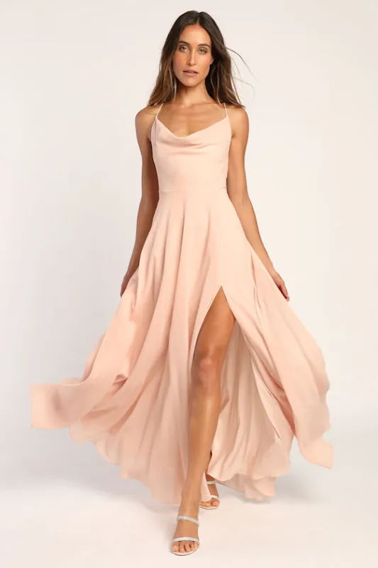 Romantically Speaking Blush Pink Cowl Lace-Up Maxi Dress made by Lulus