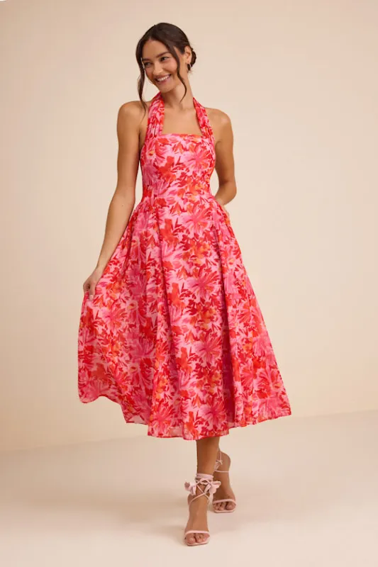 Conway Pink Floral Halter Midi Dress sold by Lulus