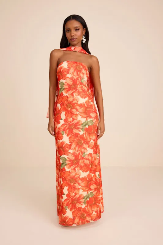 Rawya Orange Floral Strapless Maxi Dress and Scarf Set made by Lulus