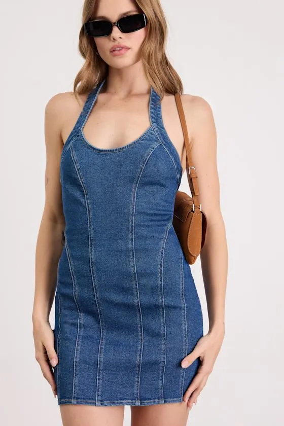 Mayla Medium Wash Denim Halter Mini Dress sold by Lulus product image thumbnail 4