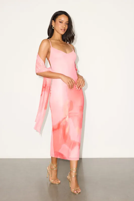 Morena Light Pink Abstract Mesh Sash Scarf Midi Dress made by Lulus