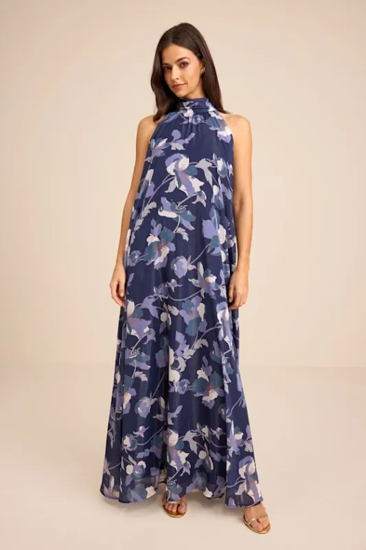 Sanza Navy Floral Halter Shift Maxi Dress sold by Lulus