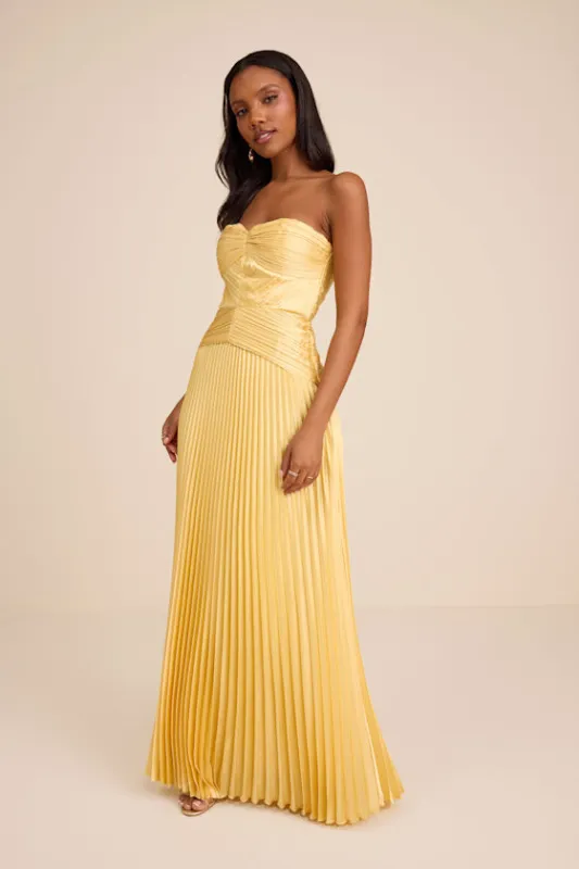Elkay Yellow Pleated Satin Drop Waist Maxi Dress made by Lulus