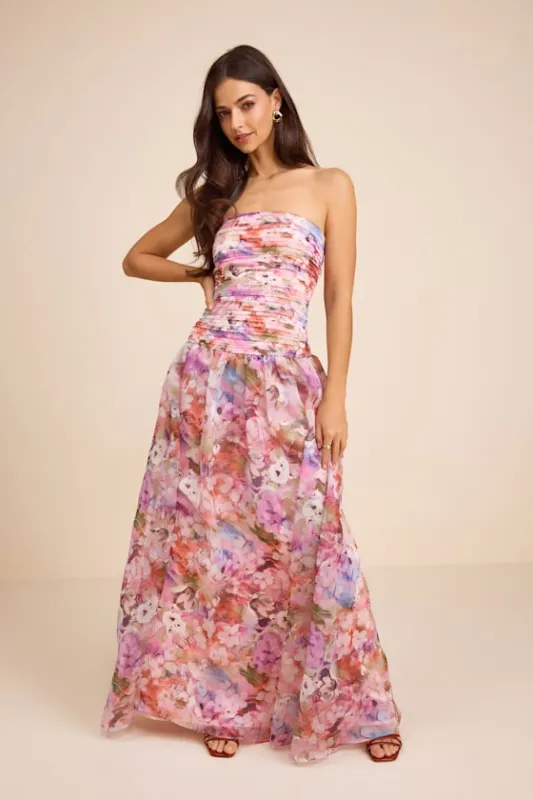 Kasandra Pink Multi Floral Organza Drop Waist Maxi Dress sold by Lulus