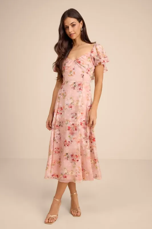 Camillo Blush Floral Jacquard Flutter Sleeve Midi Dress sold by Lulus