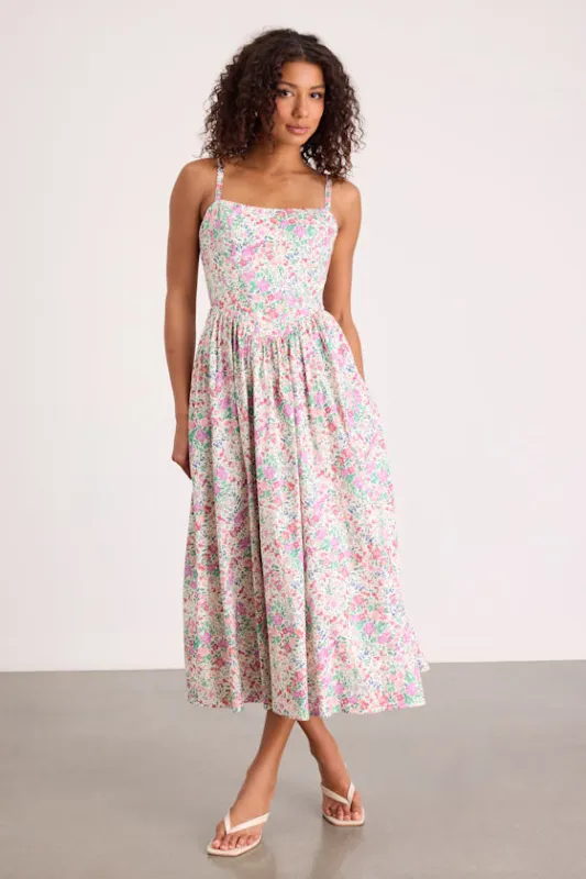 Dinette Ivory Multi Floral Basque Waist Midi Dress made by Lulus