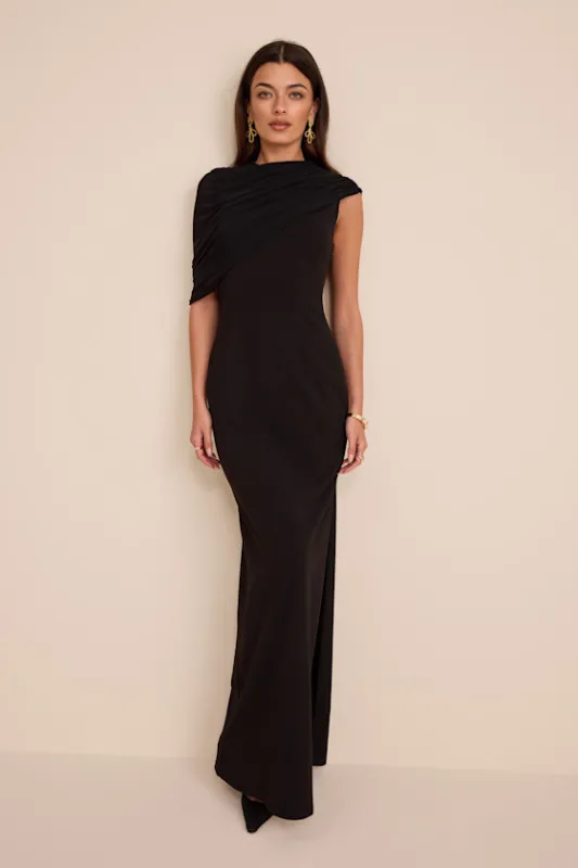 Sutton Black Asymmetrical Column Maxi Dress sold by Lulus