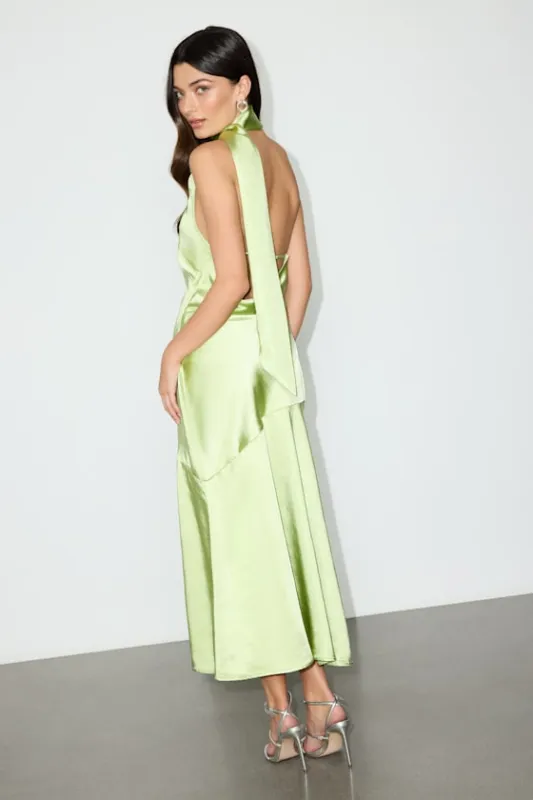 Reglan Lime Satin One-Shoulder Sash Midi Dress made by Lulus