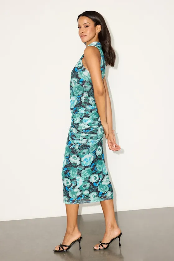 Prettiest Energy Black and Teal Floral Mesh Midi Dress sold by Lulus product image thumbnail 4