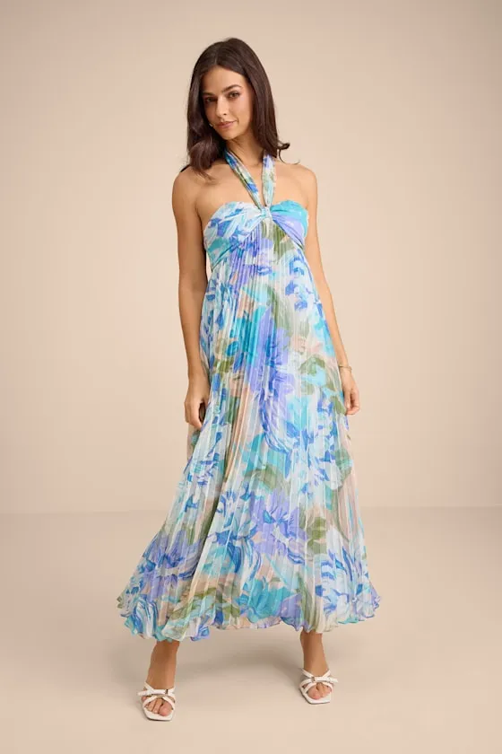 Aminah Blue Multi Floral Pleated Halter Midi Dress sold by Lulus
