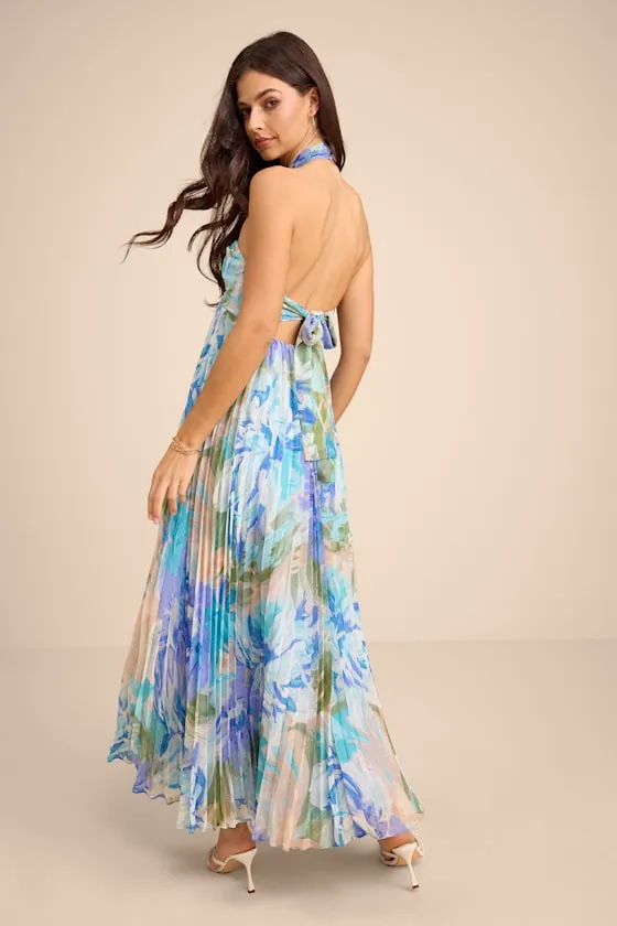 Aminah Blue Multi Floral Pleated Halter Midi Dress sold by Lulus product image thumbnail 3