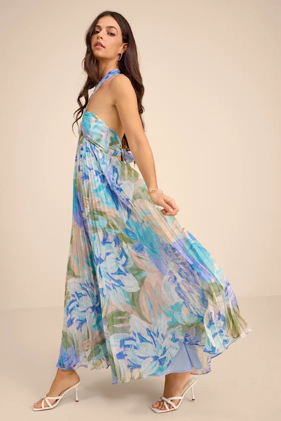 Aminah Blue Multi Floral Pleated Halter Midi Dress sold by Lulus product image thumbnail 4