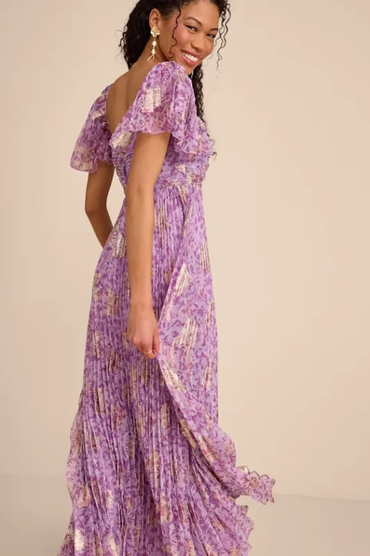 Lynwen Light Purple Abstract Pleated Flutter Sleeve Maxi Dress made by Lulus