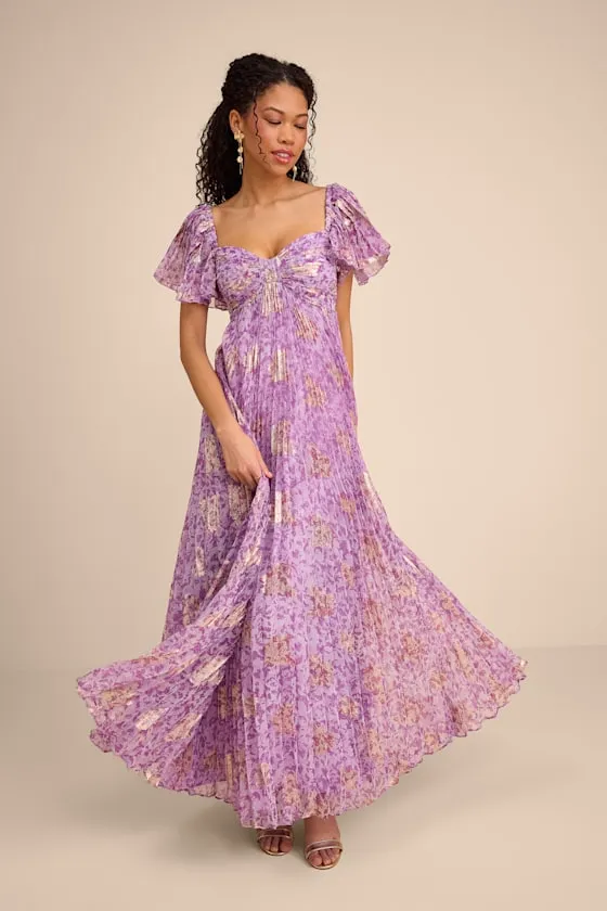 Lynwen Light Purple Abstract Pleated Flutter Sleeve Maxi Dress sold by Lulus product image thumbnail 2
