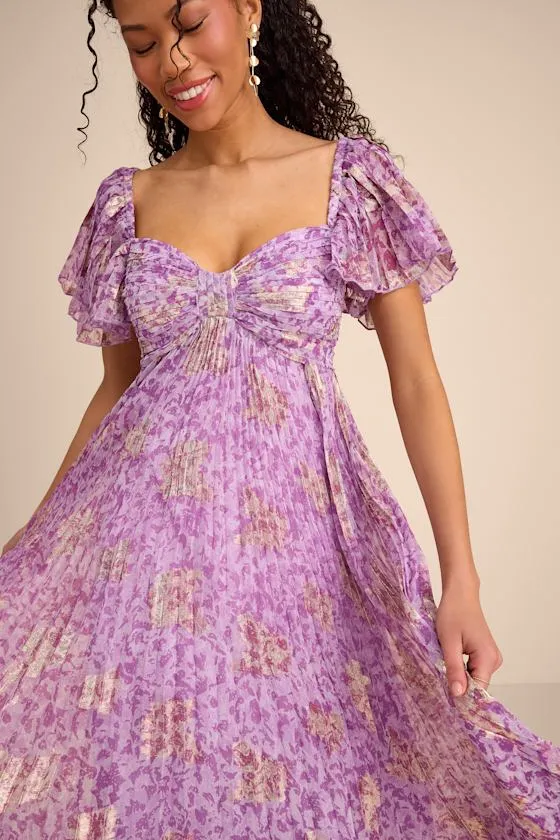 Lynwen Light Purple Abstract Pleated Flutter Sleeve Maxi Dress sold by Lulus product image thumbnail 3