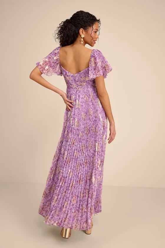 Lynwen Light Purple Abstract Pleated Flutter Sleeve Maxi Dress sold by Lulus product image thumbnail 4