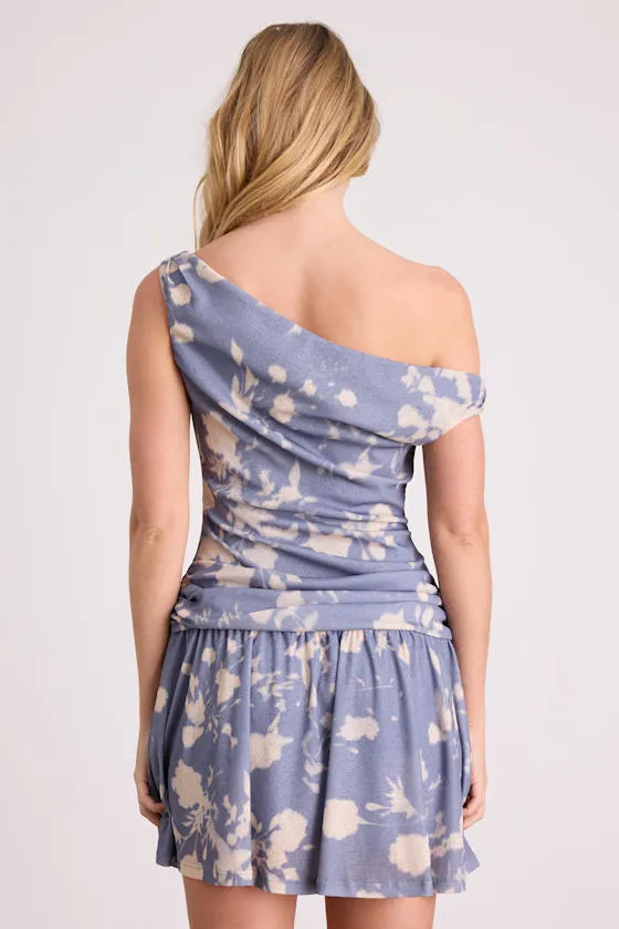 Chrissy Blue and Cream Floral Drop Waist Mini Dress sold by Lulus product image thumbnail 3