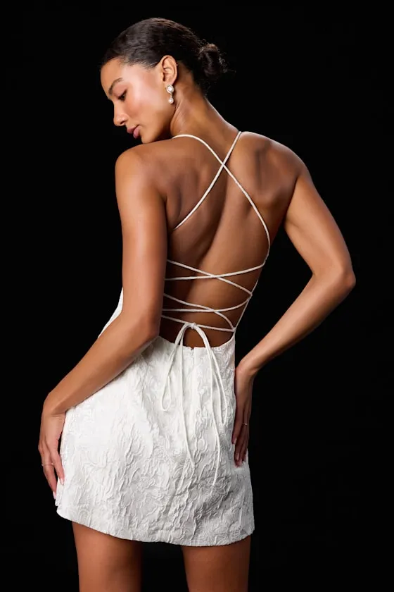 Lucille Ivory Floral Jacquard Lace-Up Mini Dress sold by Lulus product image thumbnail 2