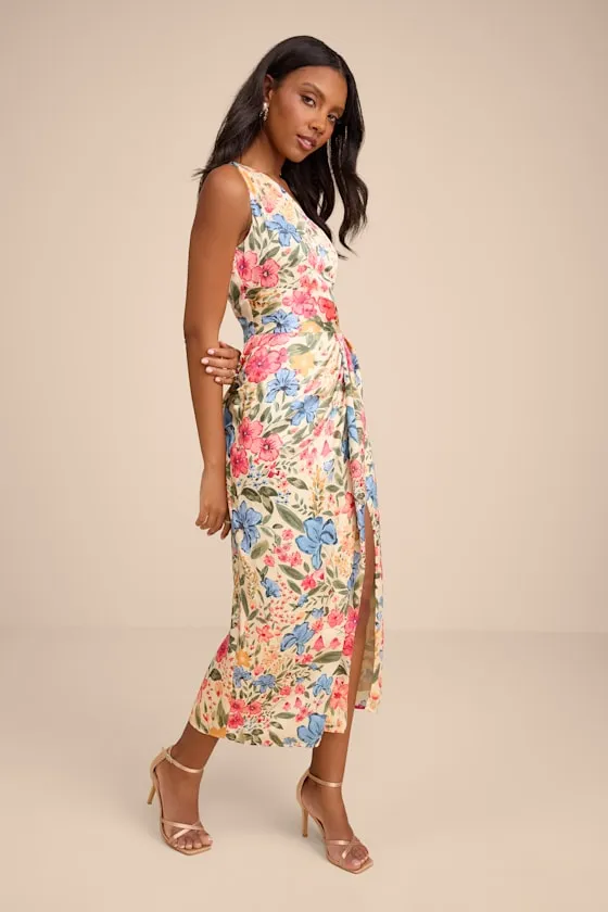 Rhema Cream Multi Floral Print Satin Midi Dress sold by Lulus product image thumbnail 4