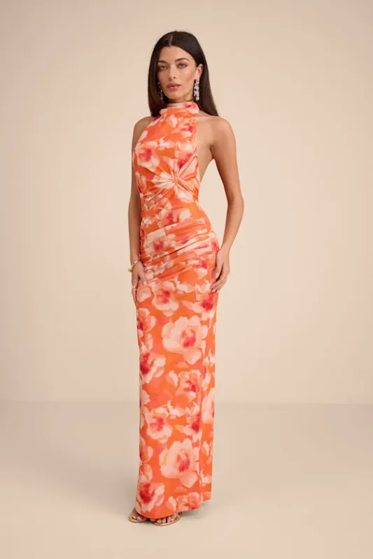 Frona Orange Floral Mesh Backless Maxi Dress made by Lulus