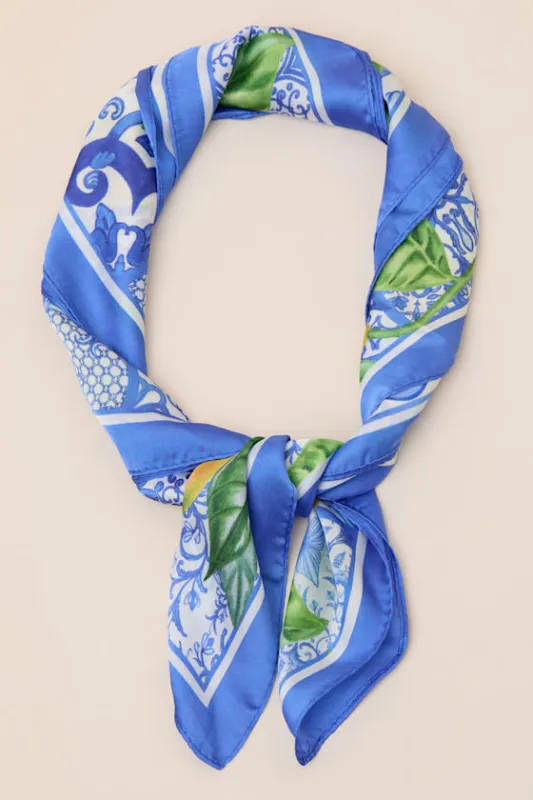 Elena Blue Lemon Print Satin Scarf made by Lulus
