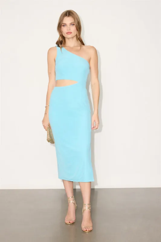 Ismerida Light Blue Mesh One-Shoulder Midi Dress made by Lulus
