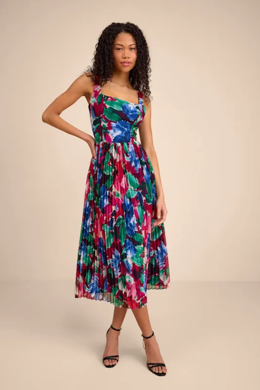 Malanda Fuchsia Multi Floral Pleated Midi Dress made by Lulus