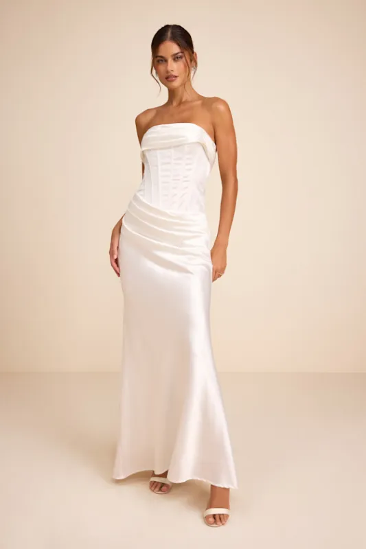 Dawn White Satin Strapless Column Maxi Dress made by Lulus