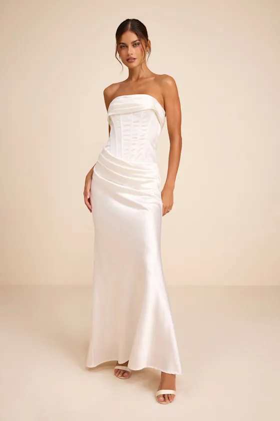 Dawn White Satin Strapless Column Maxi Dress sold by Lulus