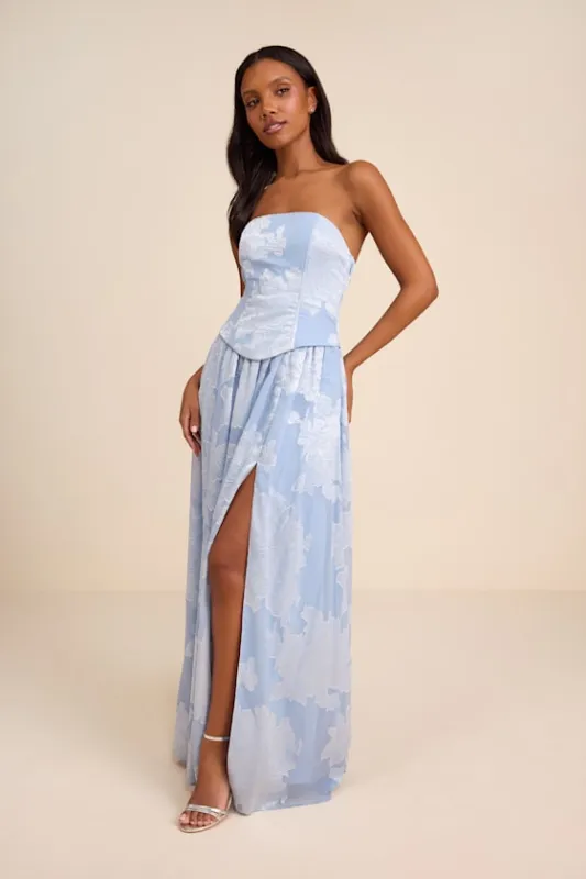 Alanis Light Blue Floral Burnout Lace-Up Maxi Dress made by Lulus