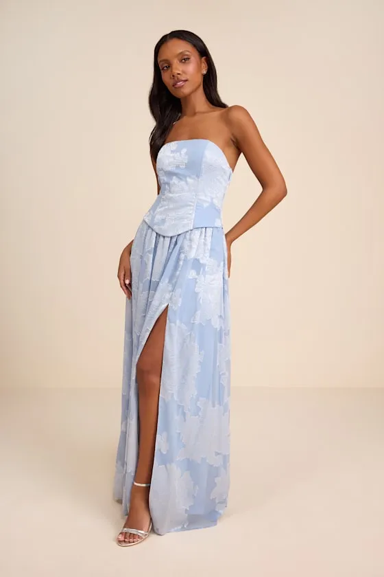 Alanis Light Blue Floral Burnout Lace-Up Maxi Dress sold by Lulus