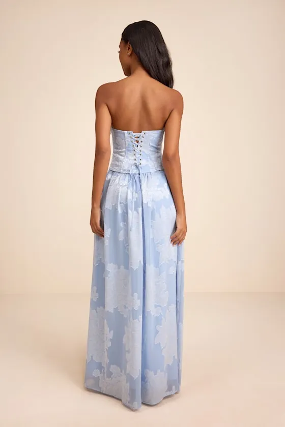 Alanis Light Blue Floral Burnout Lace-Up Maxi Dress sold by Lulus product image thumbnail 3
