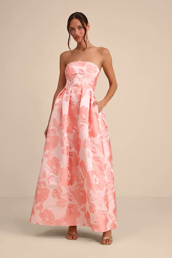 Laurelin Blush Floral Jacquard Pleated Strapless Maxi Dress sold by Lulus