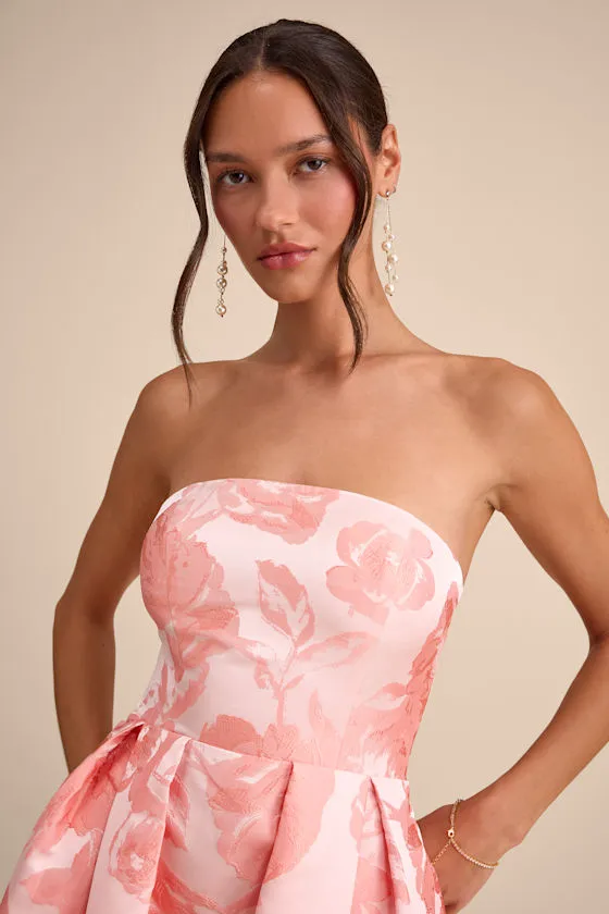 Laurelin Blush Floral Jacquard Pleated Strapless Maxi Dress sold by Lulus product image thumbnail 2