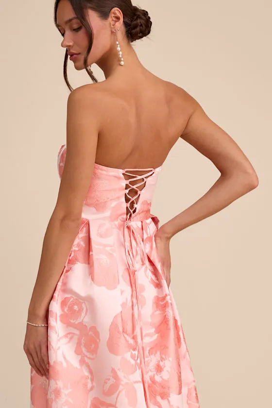 Laurelin Blush Floral Jacquard Pleated Strapless Maxi Dress sold by Lulus product image thumbnail 3