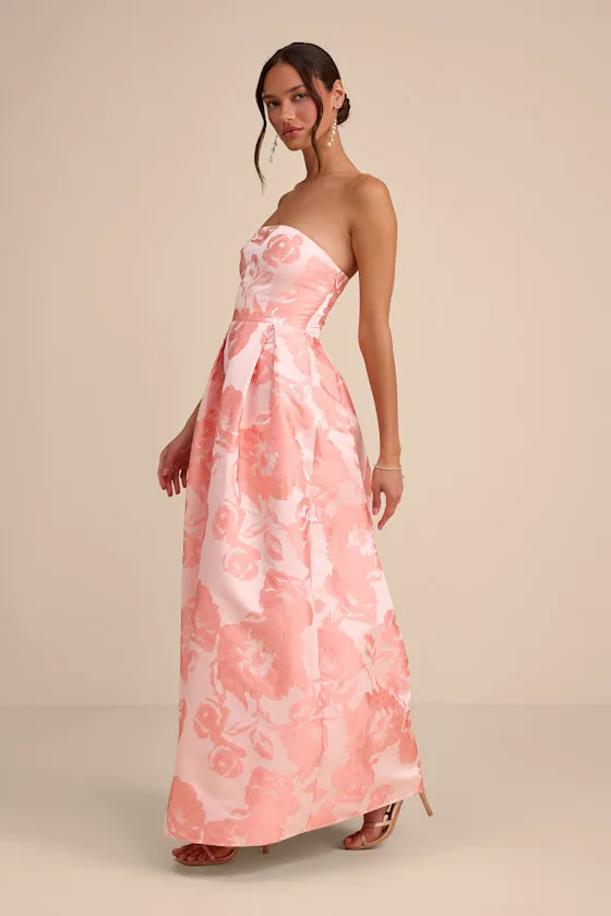 Laurelin Blush Floral Jacquard Pleated Strapless Maxi Dress sold by Lulus product image thumbnail 4