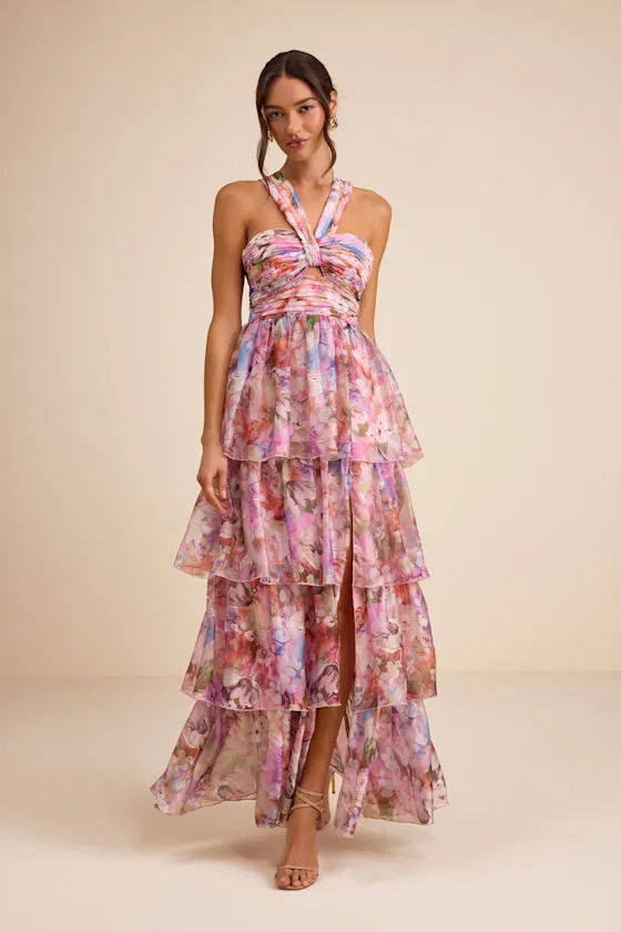 Dayanara Pink Multi Floral Organza Tiered Maxi Dress sold by Lulus