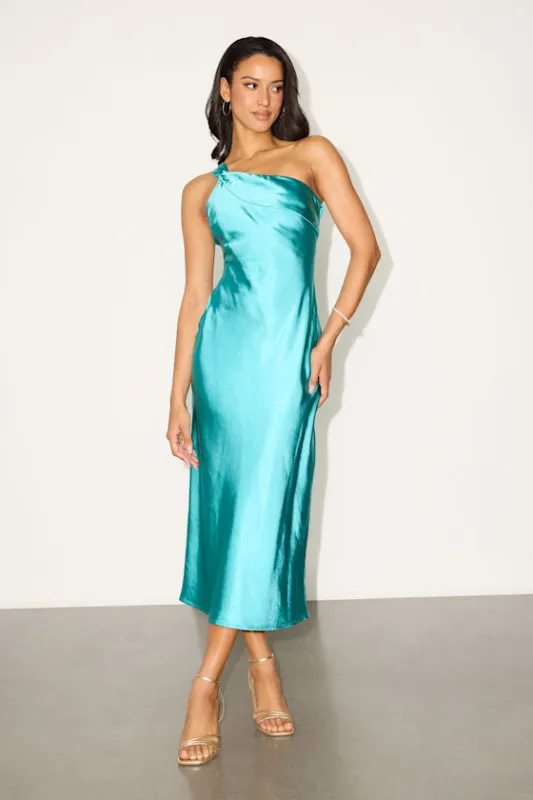 Naima Turquoise Satin One-Shoulder Midi Dress made by Lulus
