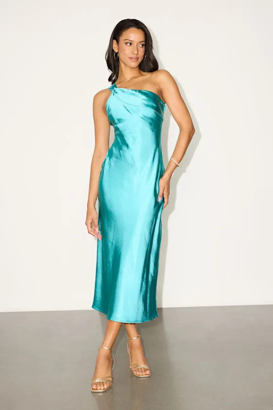 Naima Turquoise Satin One-Shoulder Midi Dress sold by Lulus