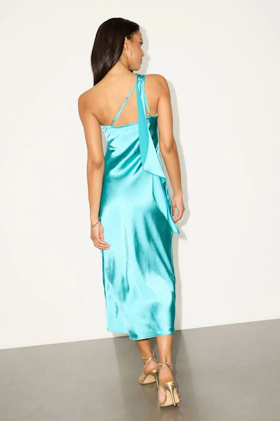 Naima Turquoise Satin One-Shoulder Midi Dress sold by Lulus product image thumbnail 3