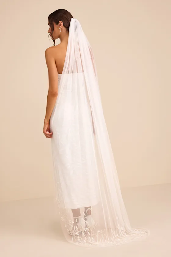 Gliona White Mesh Beaded Long Veil sold by Lulus