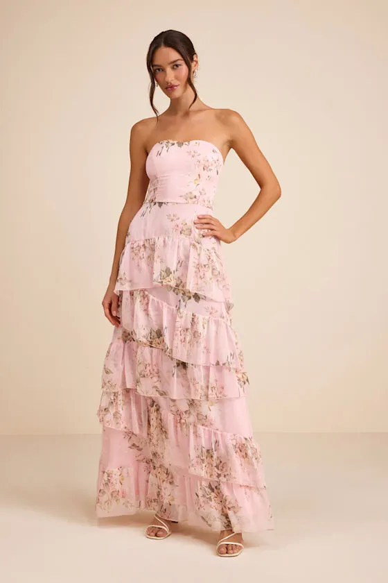Niyati Blush Floral Strapless Tiered Maxi Dress sold by Lulus