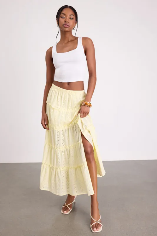 Cherish Light Yellow Eyelet Embroidered Tiered Maxi Skirt made by Lulus