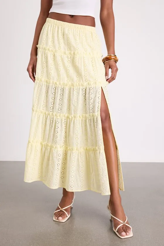Cherish Light Yellow Eyelet Embroidered Tiered Maxi Skirt sold by Lulus product image thumbnail 2